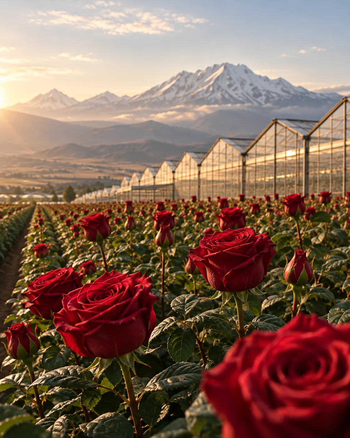 Rows of premium red roses in an Armenian highland greenhouse, snow-capped mountains beyond, warm sunrise light
