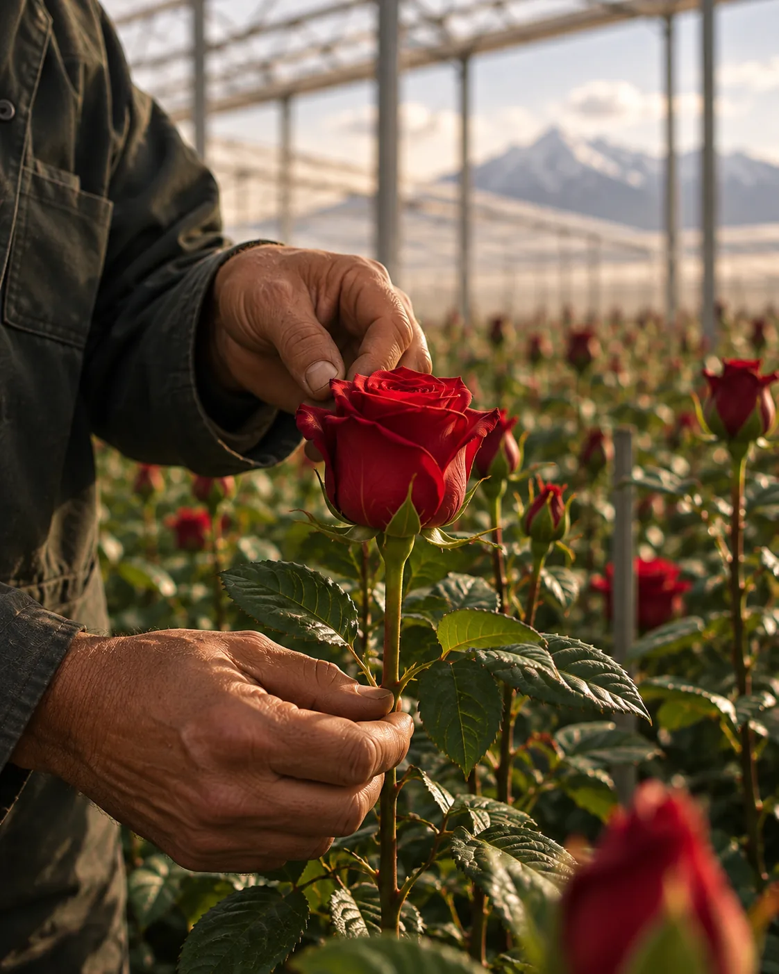 A grower's hands inspecting a long-stem red rose inside a greenhouse, mountains beyond